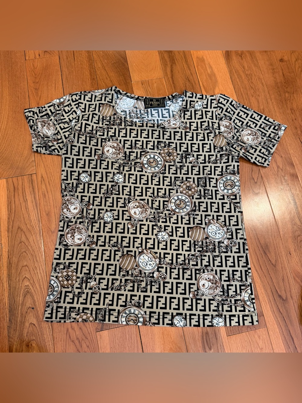 Fendi Black and Beige FF Logo Pocket Watch Print Short Sleeve Tee